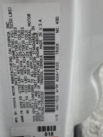 5TETX62N27Z459156 - 2007 TOYOTA TACOMA PRERUNNER ACCESS CAB WHITE photo 12