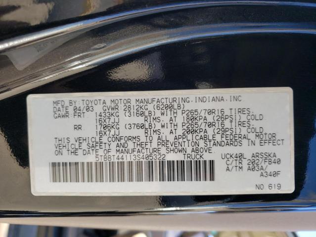 5TBBT44113S405322 - 2003 TOYOTA TUNDRA ACCESS CAB SR5 BLACK photo 12
