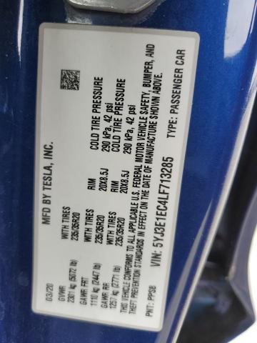 5YJ3E1EC4LF713285 - 2020 TESLA MODEL 3 BLUE photo 13