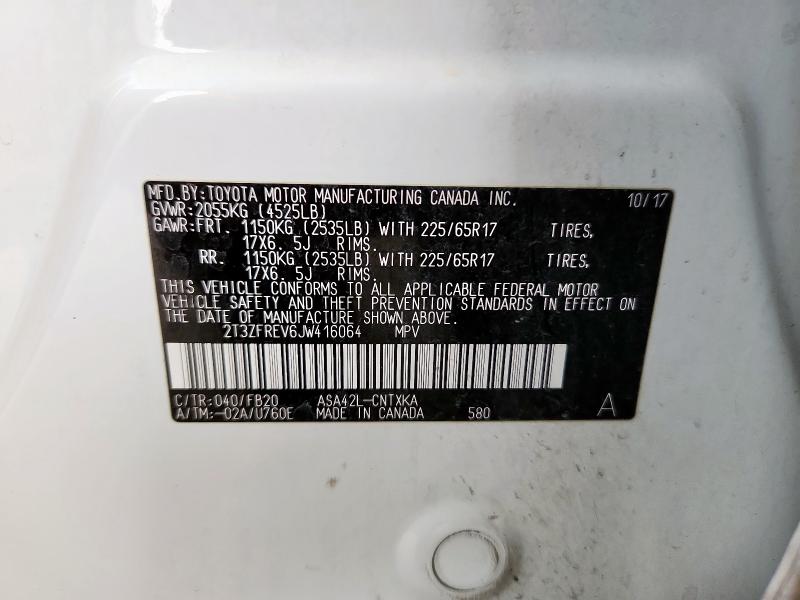 2T3ZFREV6JW416064 - 2018 TOYOTA RAV4 LE WHITE photo 12