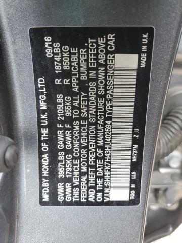 SHHFK7H43HU402594 - 2017 HONDA CIVIC SPORT ნაცრისფერი ფოტო 12