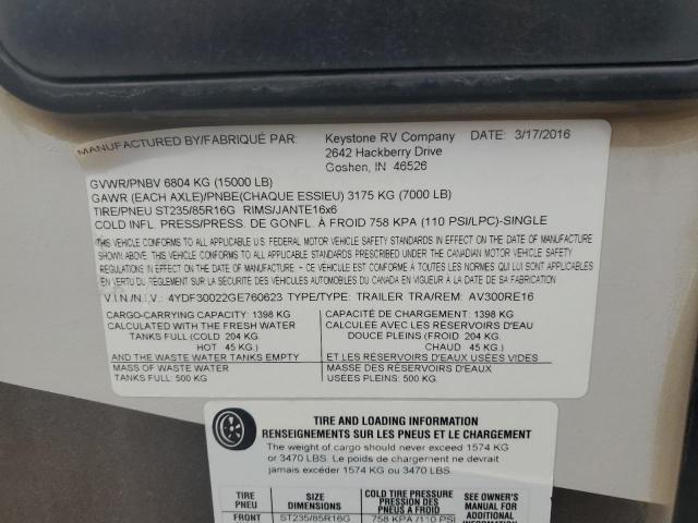 4YDF30022GE760623 - 2016 KEYSTONE AVALANCHE ორფეროვანი ფოტო 10