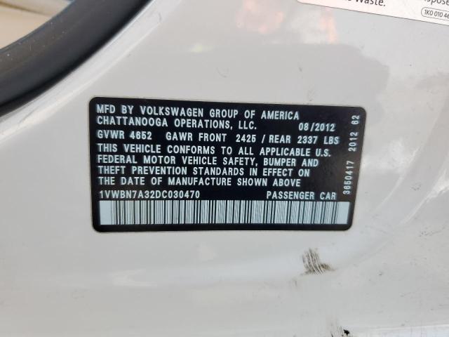 1VWBN7A32DC030470 - 2013 VOLKSWAGEN PASSAT SE WHITE photo 12