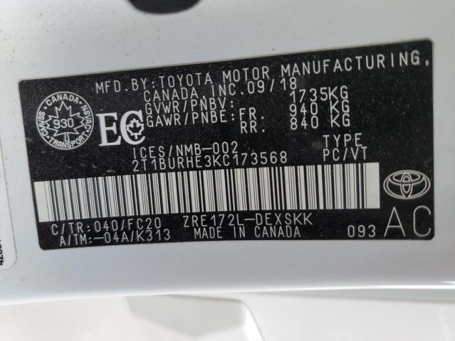 2T1BURHE3KC173568 - 2019 TOYOTA COROLLA L WHITE photo 13