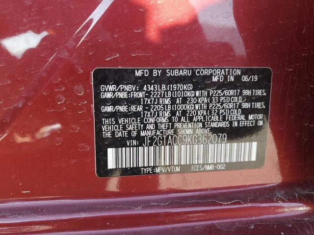 JF2GTACC9KG362079 - 2019 SUBARU CROSSTREK PREMIUM 红色 照片 13