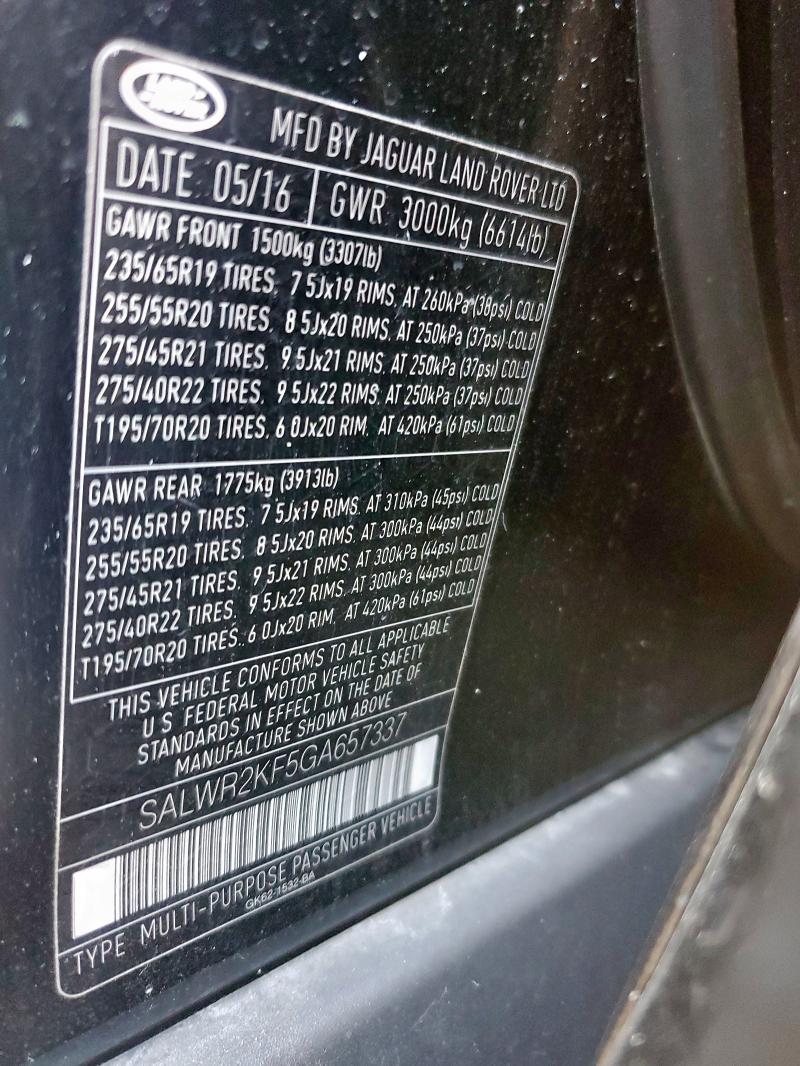 SALWR2KF5GA657337 - 2016 LAND ROVER RANGE ROVE HSE BLACK photo 12