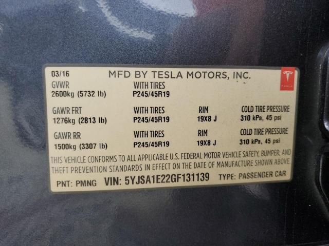 5YJSA1E22GF131139 - 2016 TESLA MODEL S CHARCOAL photo 12