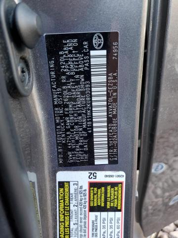 4T1B11HK2KU803093 - 2019 TOYOTA CAMRY L ნაცრისფერი ფოტო 12