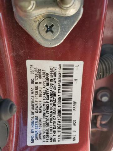 1HGFA15808L103457 - 2008 HONDA CIVIC EX RED photo 12