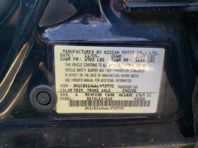 3N1CB51A66L493970 - 2006 NISSAN SENTRA 1.8S BLACK photo 12