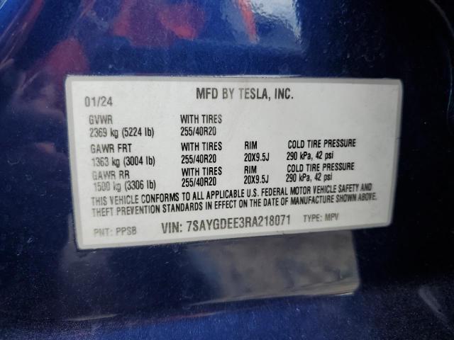 7SAYGDEE3RA218071 - 2024 TESLA MODEL Y Көк фото 12