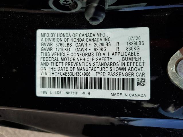 2HGFC4B83LH304906 - 2020 HONDA CIVIC SPORT 黑色 照片 12