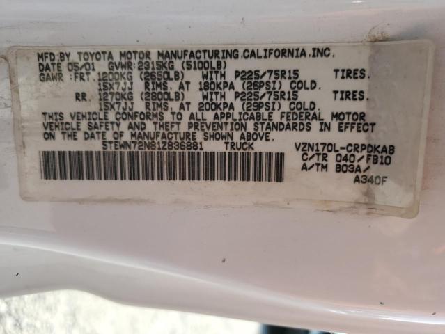 5TEWN72N81Z836881 - 2001 TOYOTA TACOMA XTRACAB WHITE photo 12