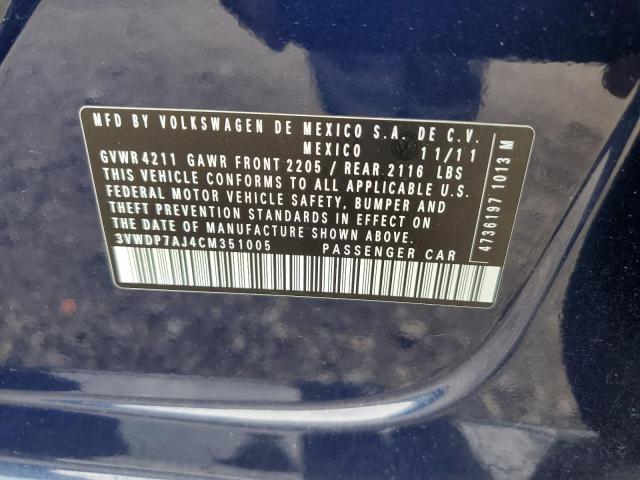 3VWDP7AJ4CM351005 - 2012 VOLKSWAGEN JETTA SE Bleu photo 12