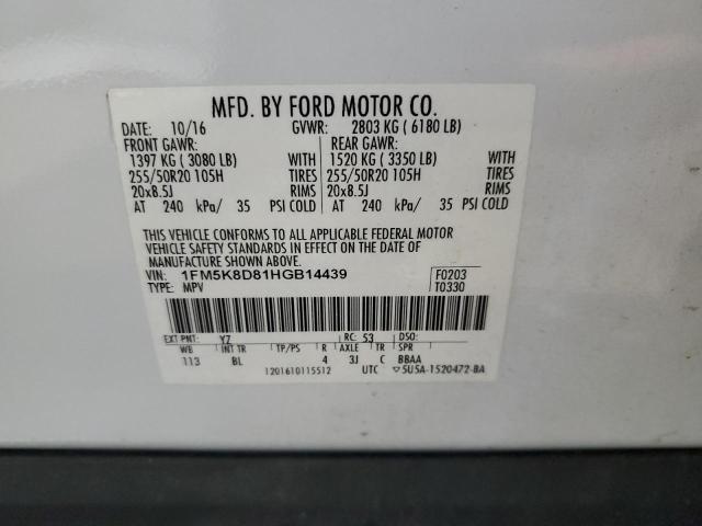 1FM5K8D81HGB14439 - 2017 FORD EXPLORER XLT WHITE photo 13