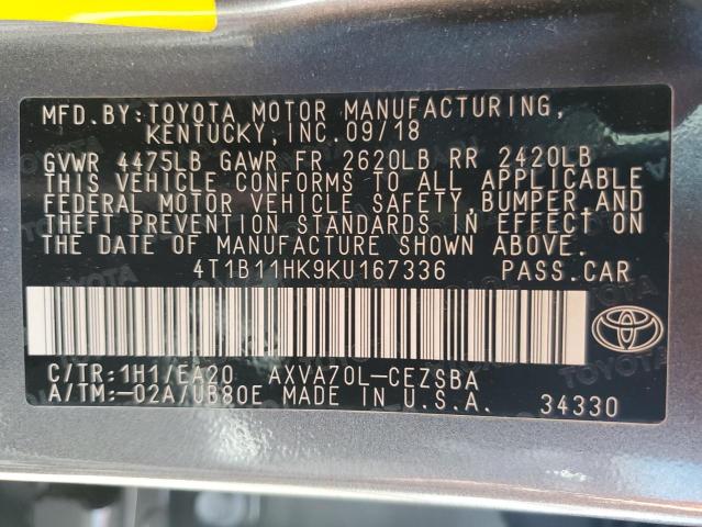 4T1B11HK9KU167336 - 2019 TOYOTA CAMRY L GRAY photo 12
