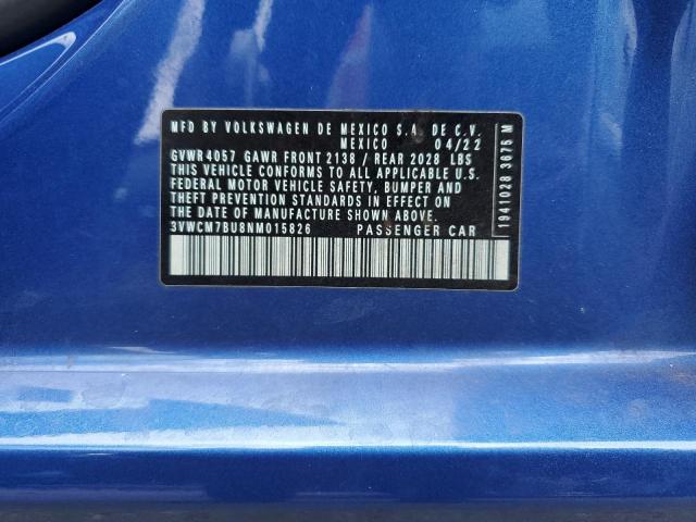 3VWCM7BU8NM015826 - 2022 VOLKSWAGEN JETTA S ლურჯი ფოტო 12