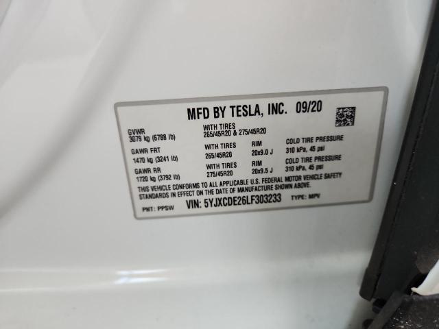 5YJXCDE26LF303233 - 2020 TESLA MODEL X WHITE photo 13