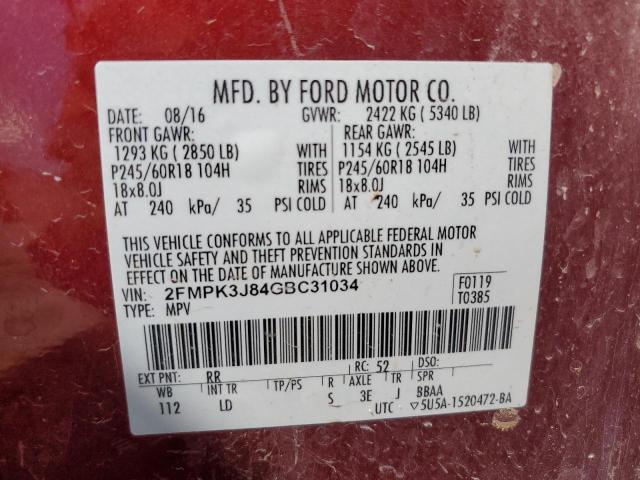 2FMPK3J84GBC31034 - 2016 FORD EDGE SEL RED photo 13