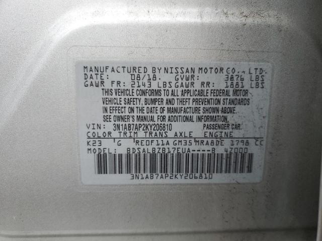 3N1AB7AP2KY206810 - 2019 NISSAN SENTRA S 银色 照片 12