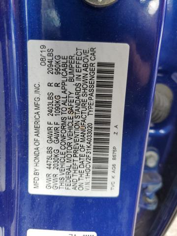 1HGCV2F31KA033020 - 2019 HONDA ACCORD SPORT أزرق صورة 13