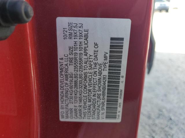 5FNRL6H88NB044283 - 2022 HONDA ODYSSEY TOURING წითელი ფოტო 12