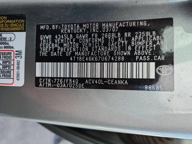 4T1BE46K67U674288 - 2007 TOYOTA CAMRY CE Yaşıl foto 13