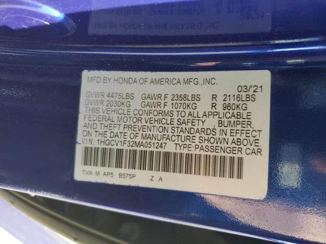 1HGCV1F32MA051247 - 2021 HONDA ACCORD SPORT BLUE photo 12