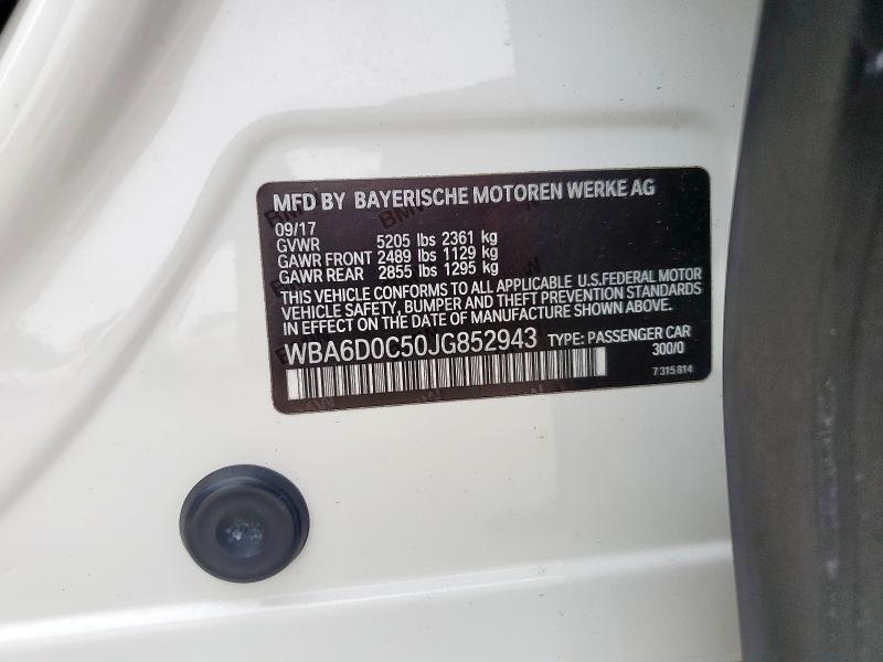 WBA6D0C50JG852943 - 2018 BMW 640 I GRAN COUPE WHITE photo 12