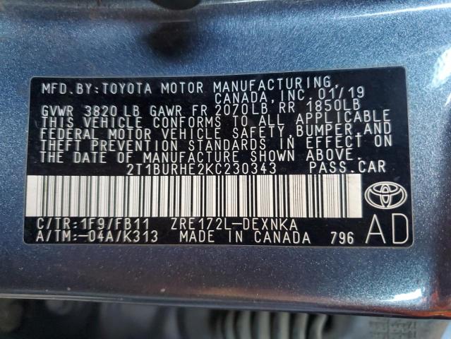 2T1BURHE2KC230343 - 2019 TOYOTA COROLLA L CHARCOAL photo 12