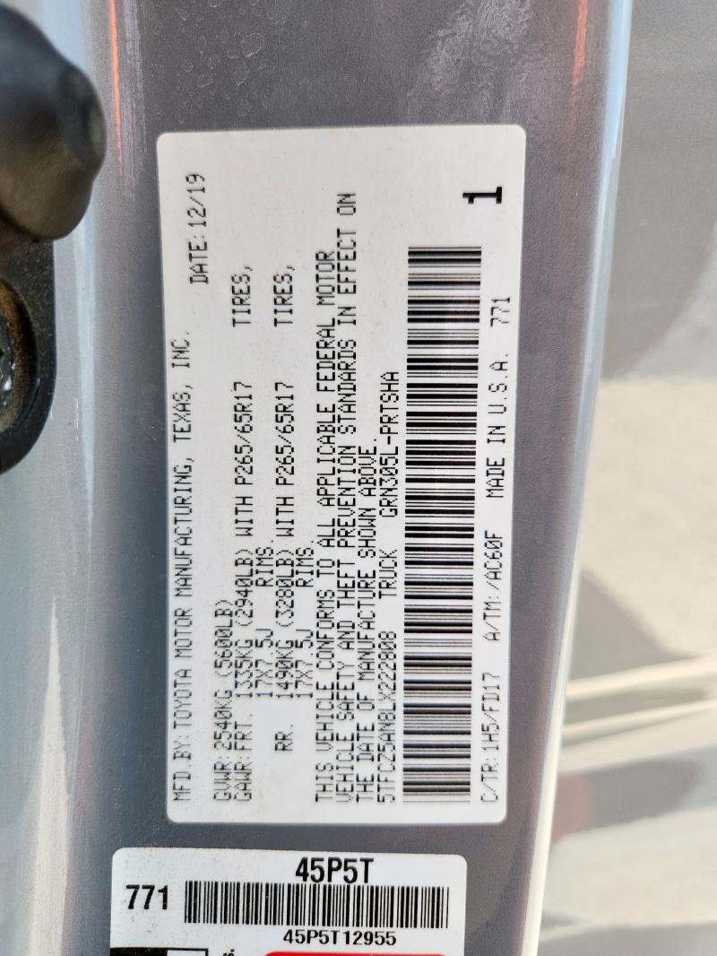 5TFCZ5AN8LX222808 - 2020 TOYOTA TACOMA DOUBLE CAB GRAY photo 12