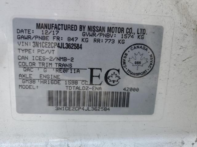 3N1CE2CP4JL362584 - 2018 NISSAN VERSA NOTE S WHITE photo 13