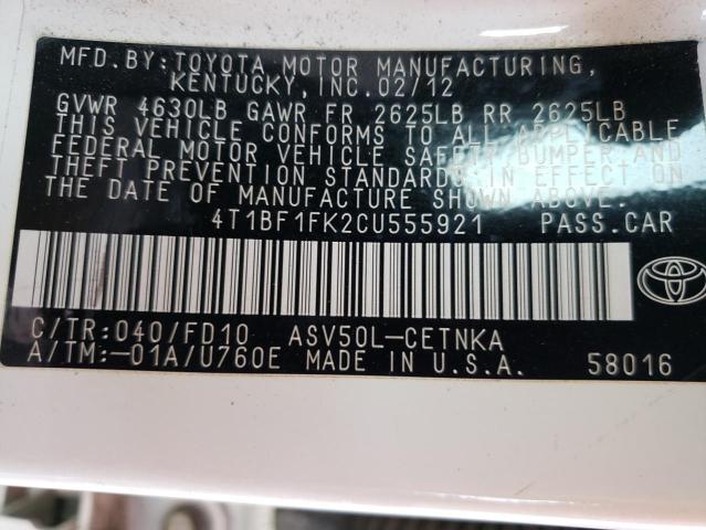 4T1BF1FK2CU555921 - 2012 TOYOTA CAMRY 4D 2 BASE WHITE photo 12