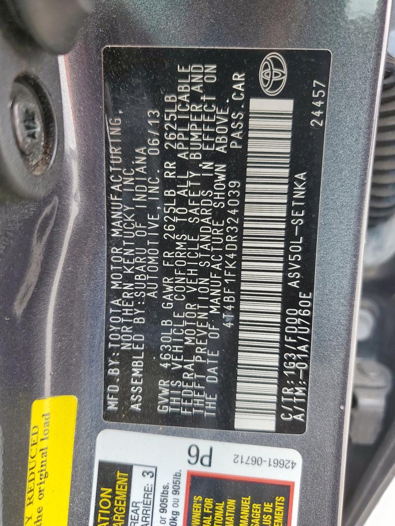 4T4BF1FK4DR324039 - 2013 TOYOTA CAMRY L GRAY photo 12