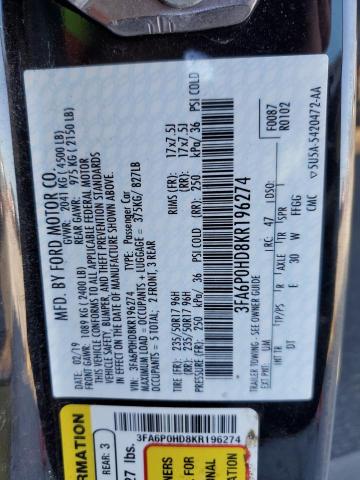 3FA6P0HD8KR196274 - 2019 FORD FUSION SE BLACK photo 12