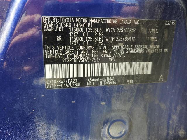 2T3RFREV5FW317517 - 2015 TOYOTA RAV4 XLE BLUE photo 14