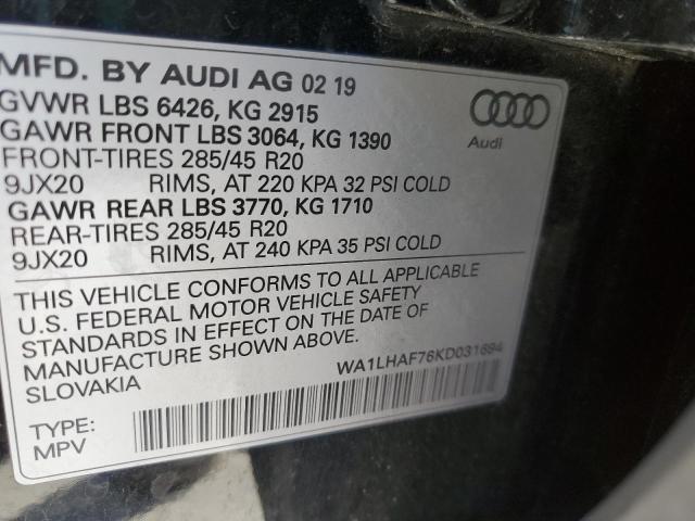 WA1LHAF76KD031694 - 2019 AUDI Q7 PREMIUM PLUS Negro foto 13