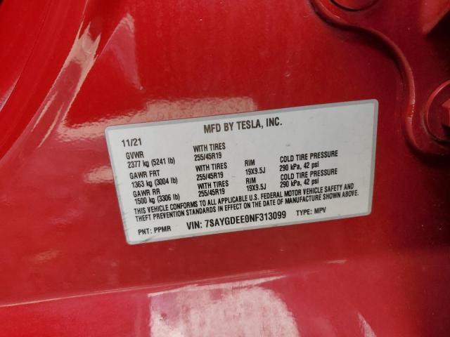 7SAYGDEE0NF313099 - 2022 TESLA MODEL Y RED photo 13