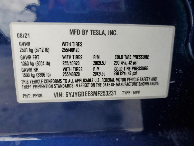 5YJYGDEE8MF253231 - 2021 TESLA MODEL Y Azul foto 12