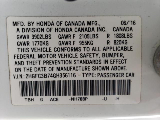 2HGFC3B74GH356116 - 2016 HONDA CIVIC EXL თეთრი ფოტო 13