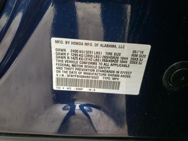5FNYF8H08KB016522 - 2019 HONDA PASSPORT ELITE BLUE photo 13