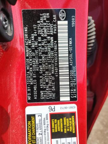 4T4BF1FK6CR218674 - 2012 TOYOTA CAMRY BASE წითელი ფოტო 12