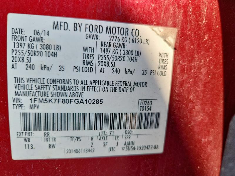 1FM5K7F80FGA10285 - 2015 FORD EXPLORER LIMITED RED photo 14