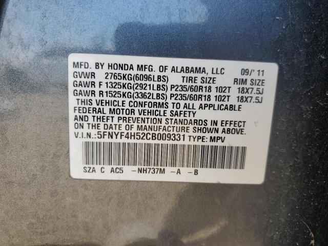 5FNYF4H52CB009331 - 2012 HONDA PILOT EXL GRAY photo 13