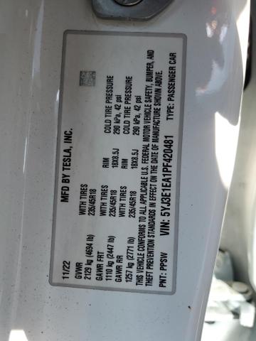 5YJ3E1EA1PF420481 - 2023 TESLA MODEL 3 Weiß Foto 12