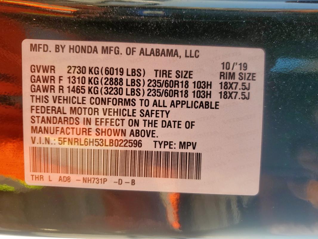 5FNRL6H53LB022596 - 2020 HONDA ODYSSEY EX BLACK photo 13