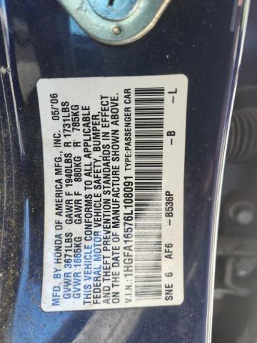 1HGFA16576L108091 - 2006 HONDA CIVIC LX 蓝色 照片 13