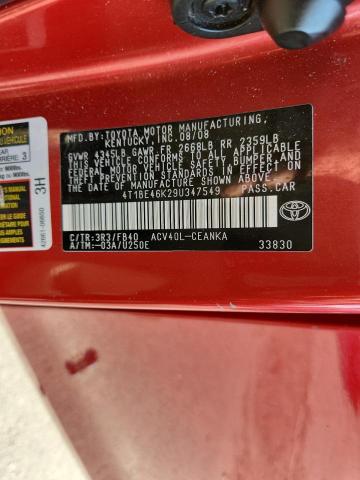 4T1BE46K29U347549 - 2009 TOYOTA CAMRY BASE RED photo 12