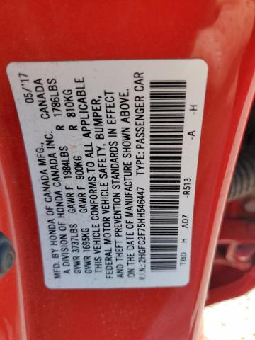 2HGFC2F75HH546447 - 2017 HONDA CIVIC EX 红色 照片 12