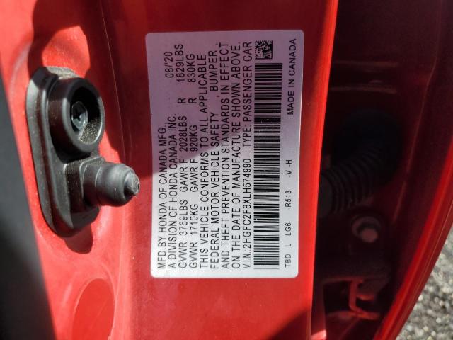 2HGFC2F8XLH574990 - 2020 HONDA CIVIC SPORT წითელი ფოტო 12